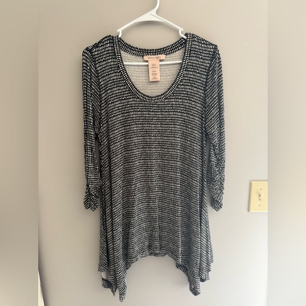 Philosophy Tunic Women’s SZ L Jersey Black White Asymmetrical 3/4 Sleeve Stretch